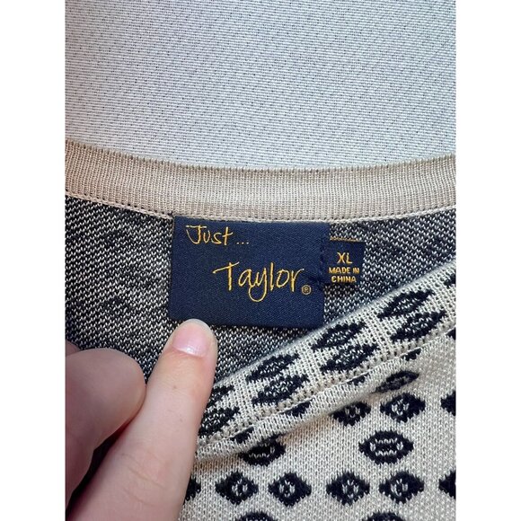 Just Taylor Women's Fitted Midi Sweater Dress Knit Ruffle Hem Size XL Beige Geo - Picture 3 of 12